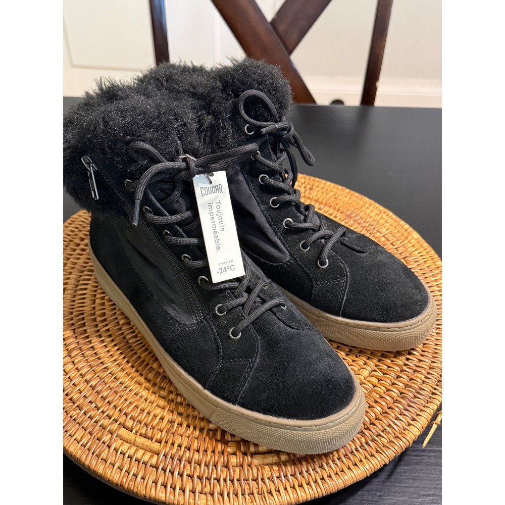 Cougar Dubliner Black Suede Waterproof Winter Boots Faux Fur Trim Women 10 NEW